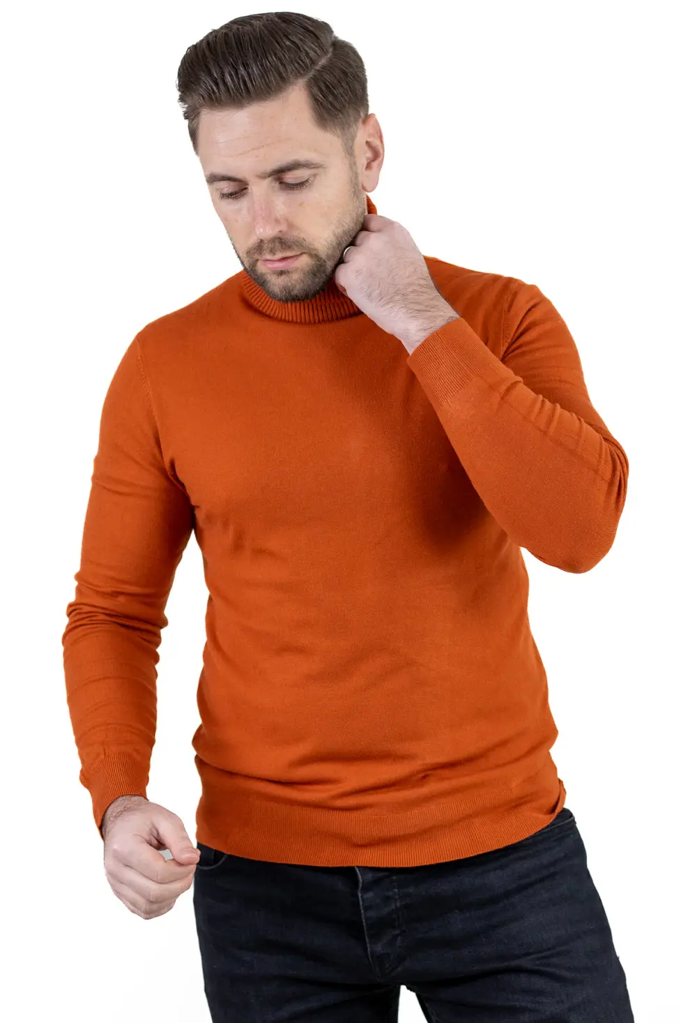 Noutati - Maleta slim fit barbati cu guler inalt cărămizie