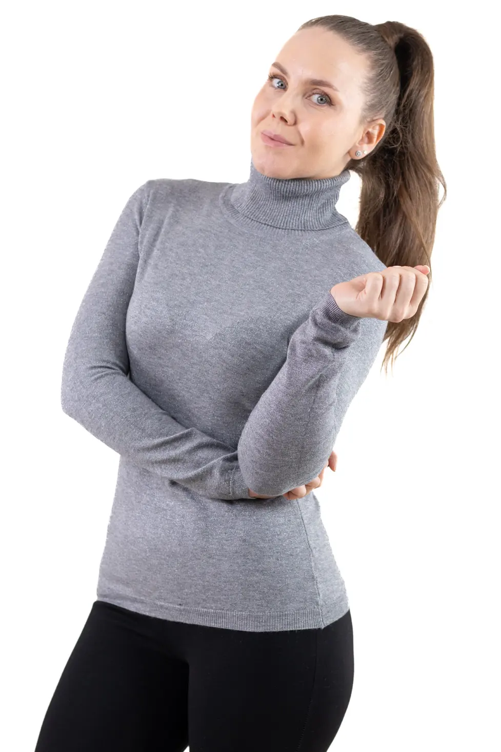 Promotii - Maletă fină damă cu guler înalt și fir Lurex – elegantă și comodă