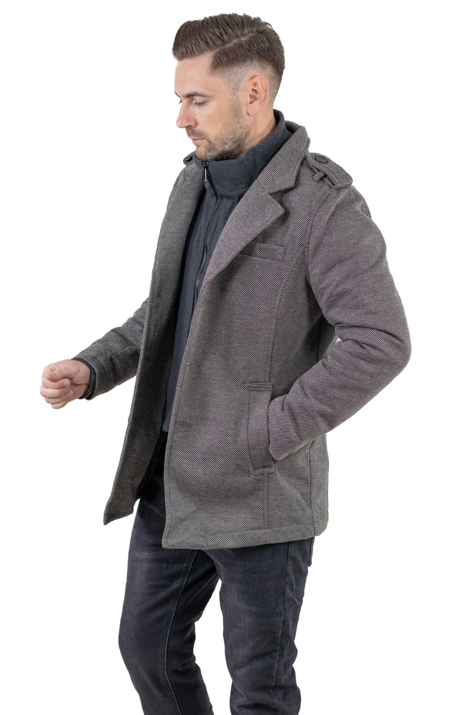 Palton scurt bărbați gri cu vestuță detașabilă și guler semi-înalt [6]