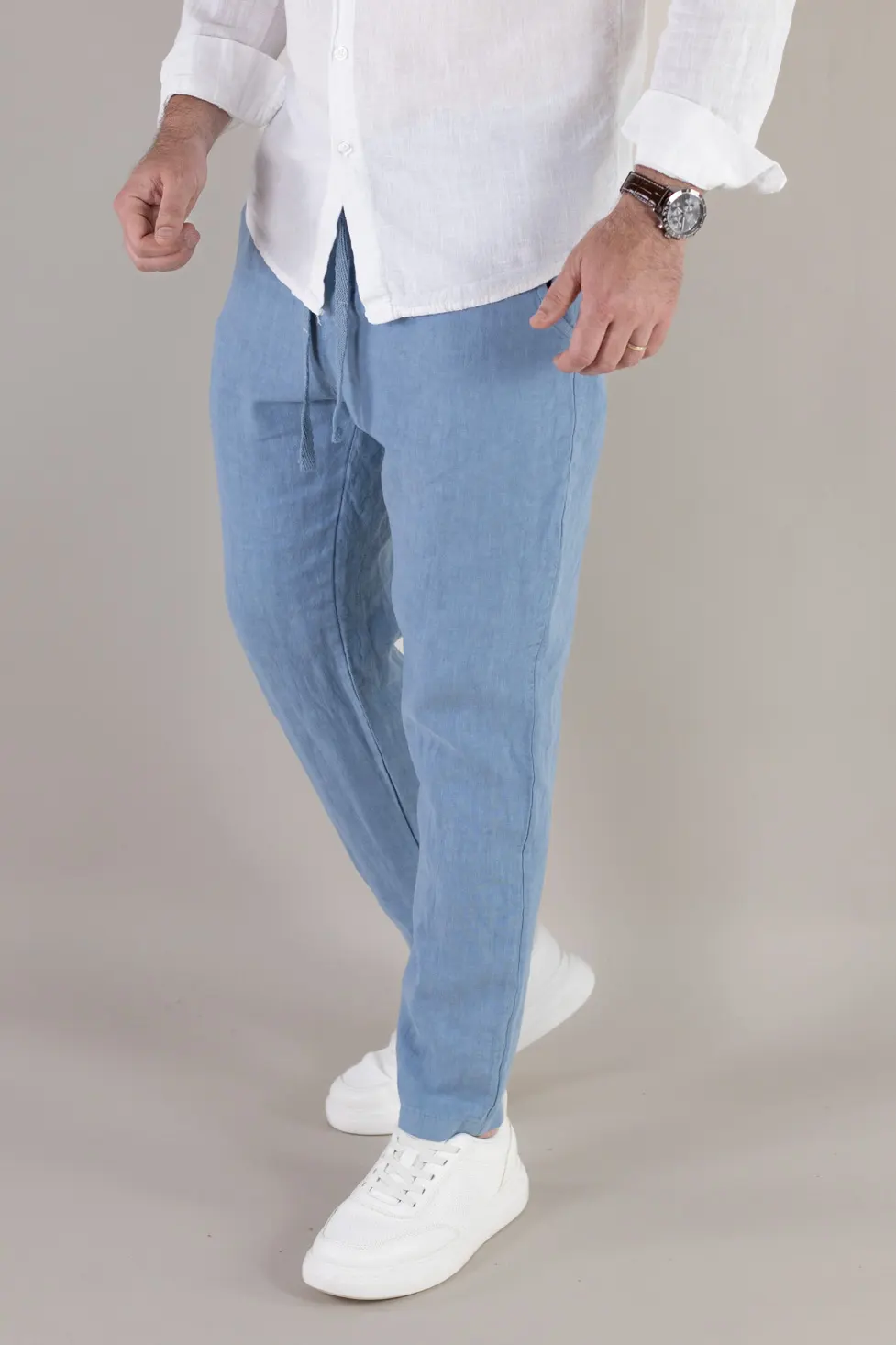 Pantaloni albastru ciel din in 100% conici – Made in Italy [4]