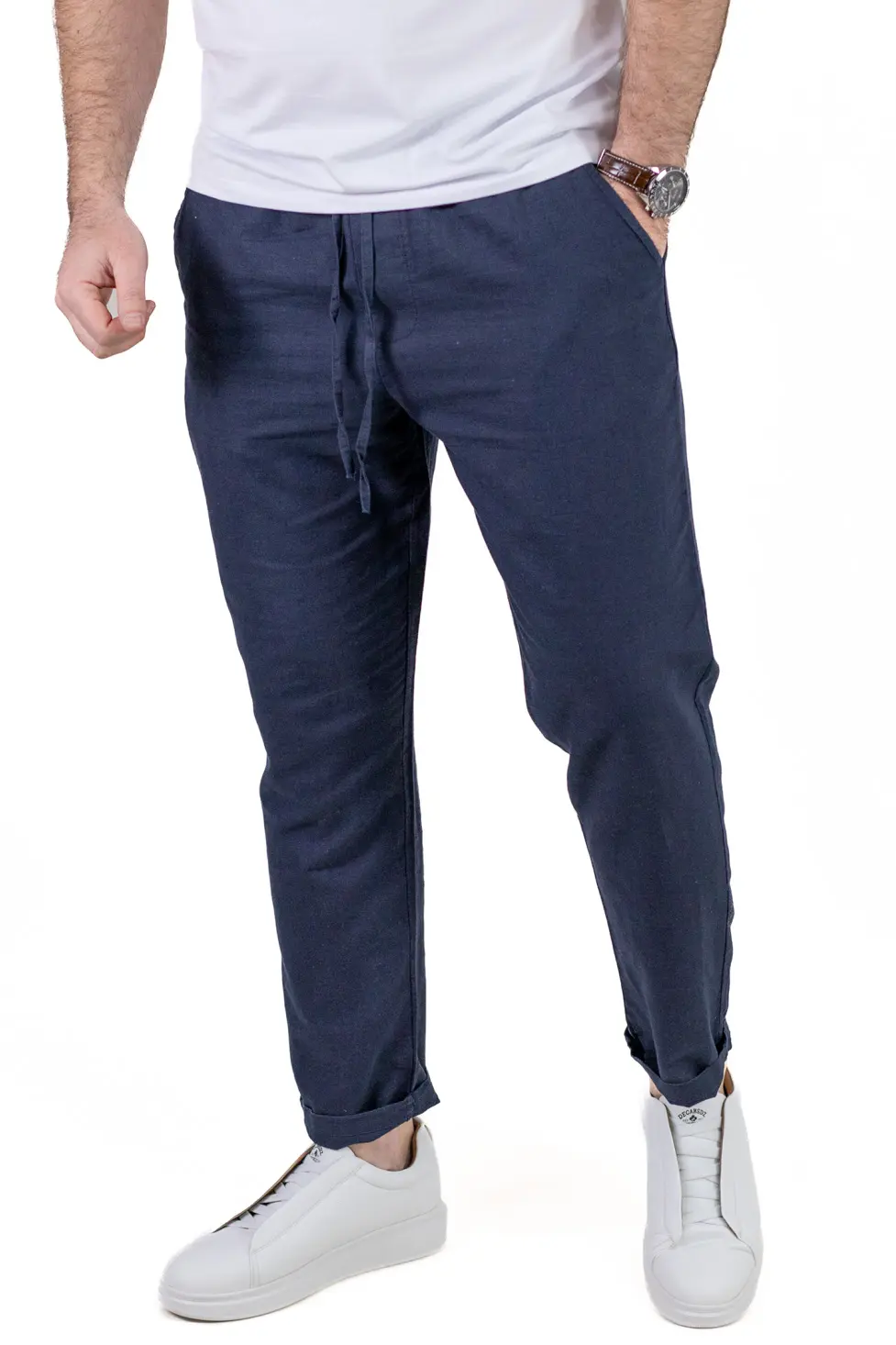 PANTALONI - Pantaloni Bărbați In și Bumbac, Regular Fit, Talie Elastică cu Șnur, Bej/Cream, Colecția de Vară