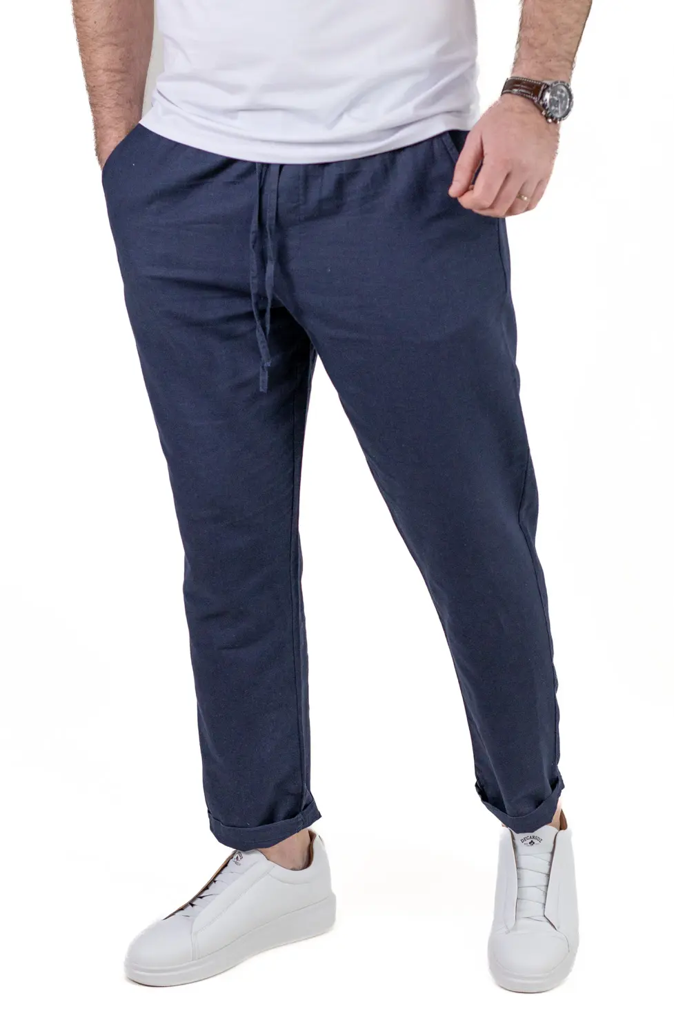 Pantaloni Bărbați In și Bumbac, Regular Fit, Talie Elastică cu Șnur, Bej/Cream, Colecția de Vară [4]