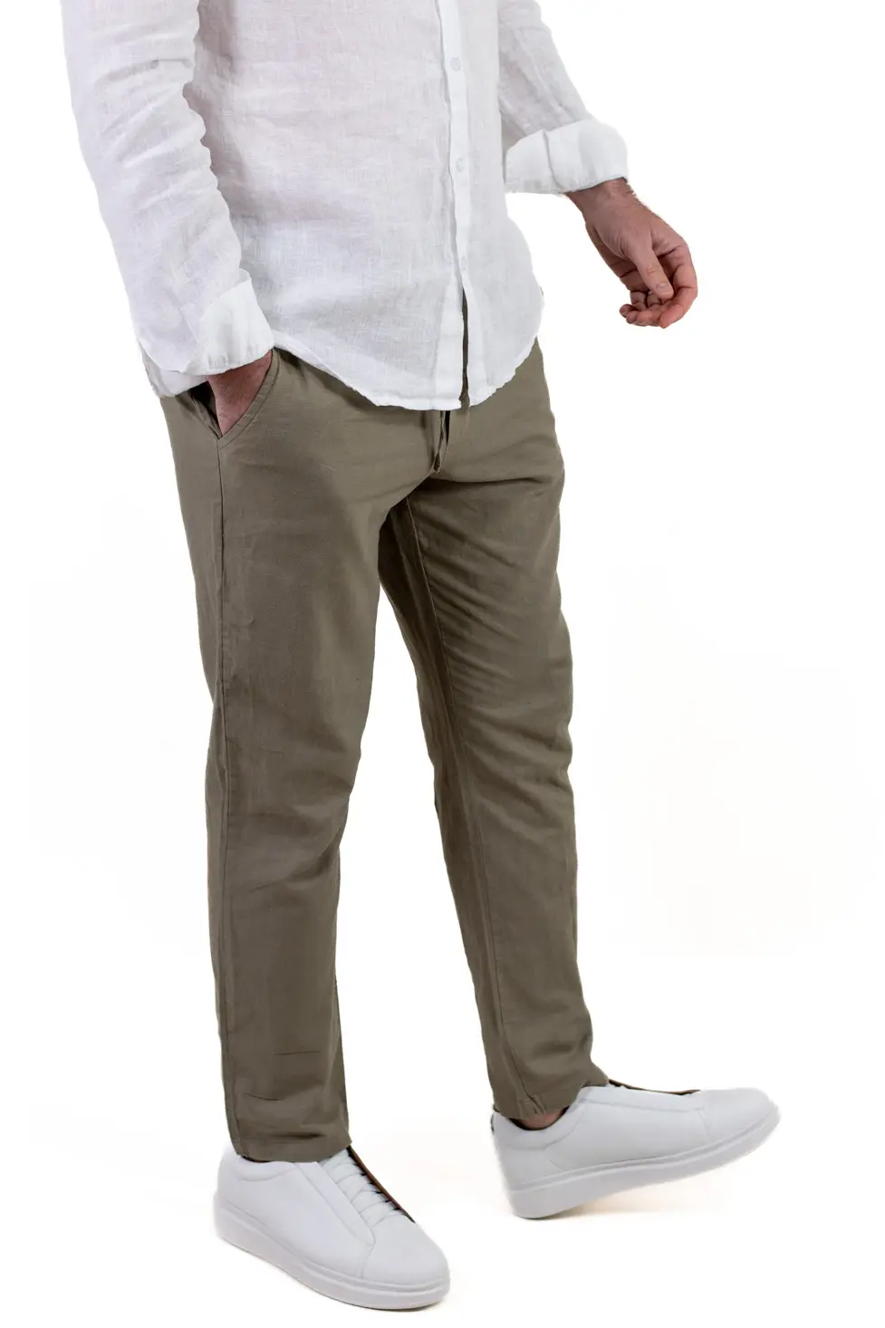 Barbati - Pantaloni barbati de vară din in si bumbac verde militar