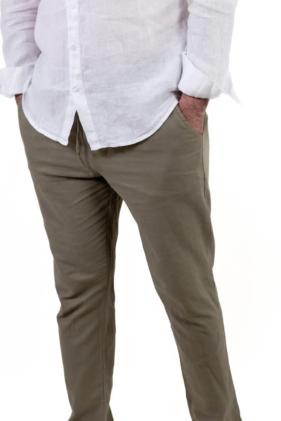 Pantaloni barbati de vară din in si bumbac verde militar [6]