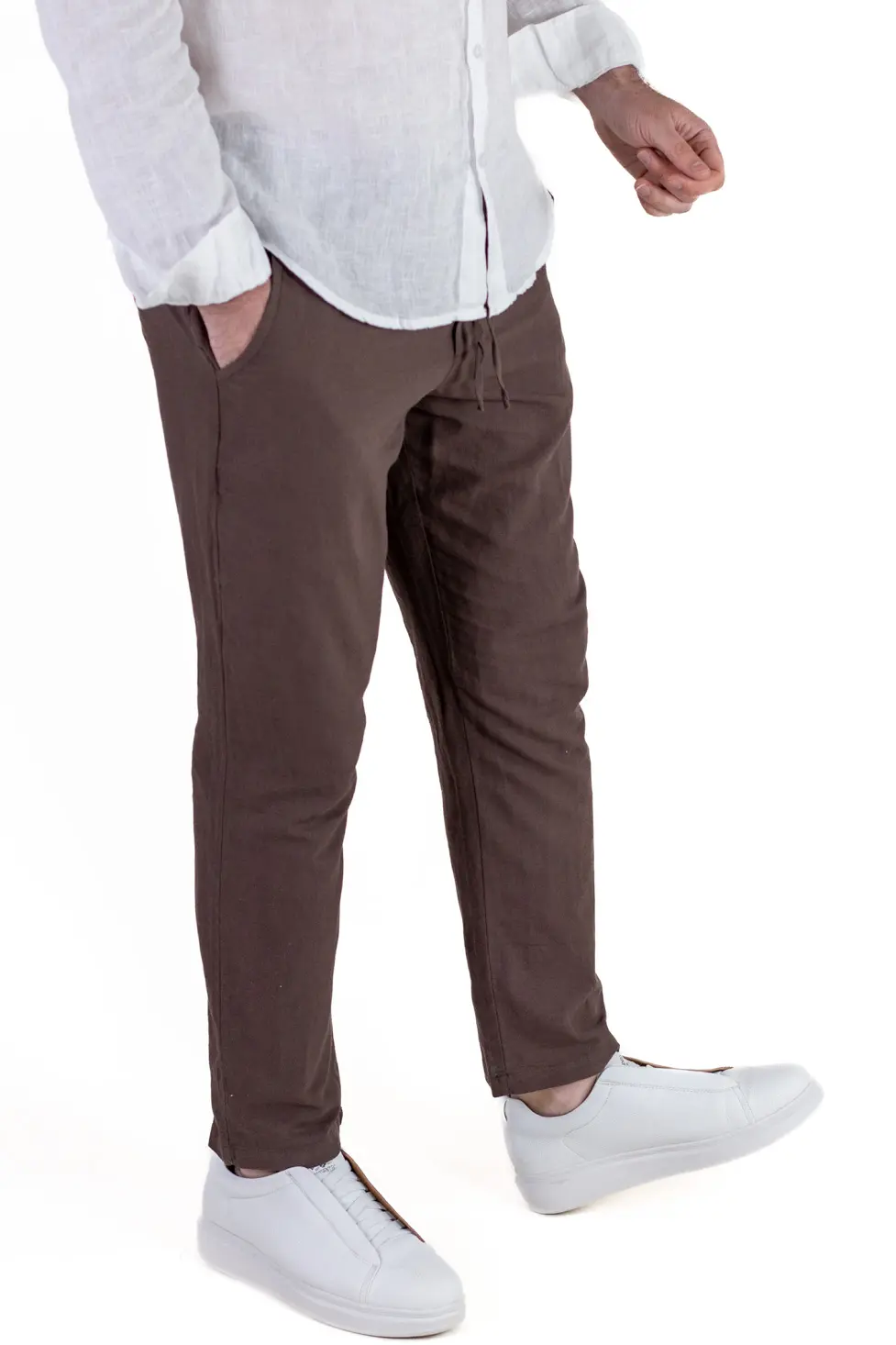 Pantaloni barbati de vară din in si bumbac maro [3]