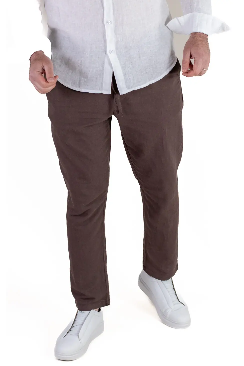 Pantaloni barbati de vară din in si bumbac maro [4]