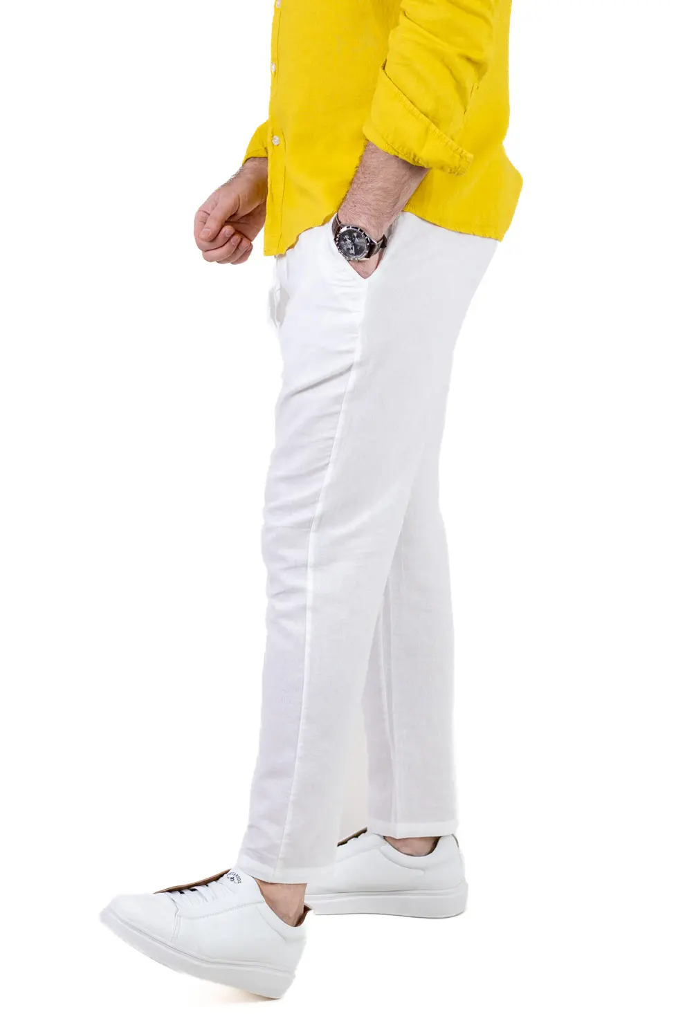 Pantaloni Bărbați In și Bumbac, Regular Fit, Talie Elastică cu Șnur, Bej/Cream, Colecția de Vară [2]