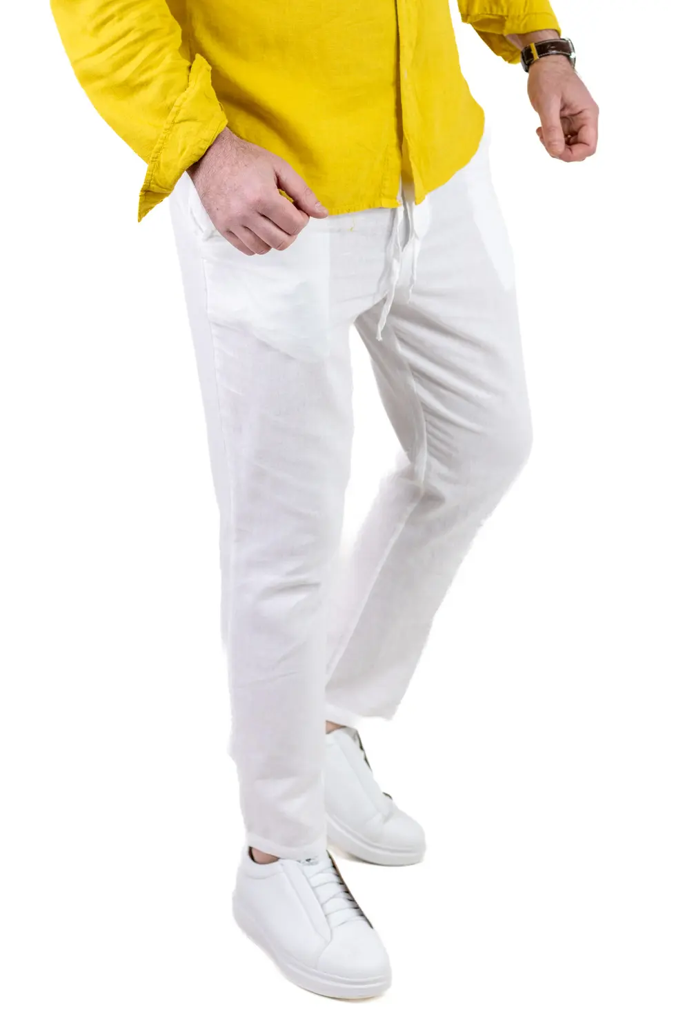 Pantaloni Bărbați In și Bumbac, Regular Fit, Talie Elastică cu Șnur, Bej/Cream, Colecția de Vară [4]