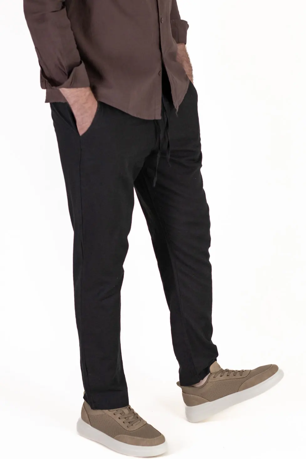 Pantaloni Bărbați In și Bumbac, Regular Fit, Talie Elastică cu Șnur, Bej/Cream, Colecția de Vară [3]