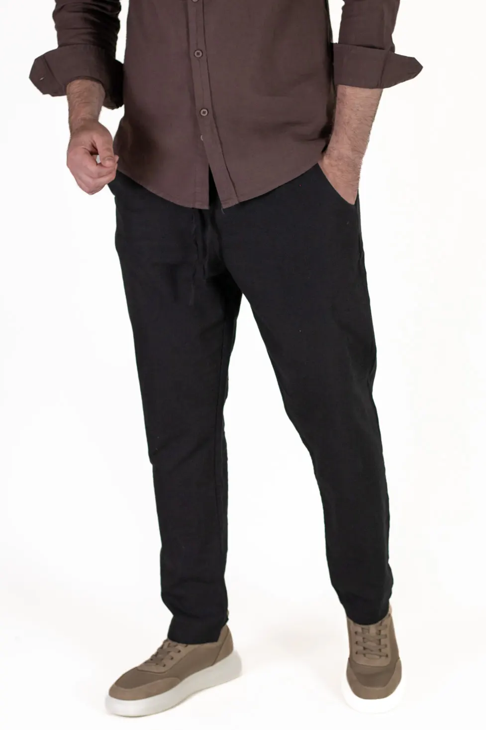 Barbati - Pantaloni Bărbați In și Bumbac, Regular Fit, Talie Elastică cu Șnur, Bej/Cream, Colecția de Vară