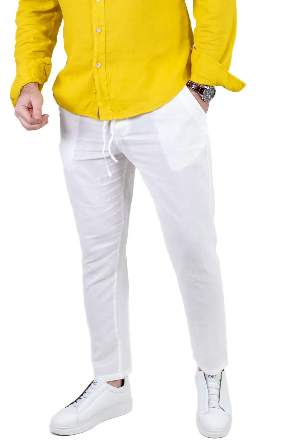 PANTALONI - Pantaloni Bărbați In și Bumbac, Regular Fit, Talie Elastică cu Șnur, Bej/Cream, Colecția de Vară