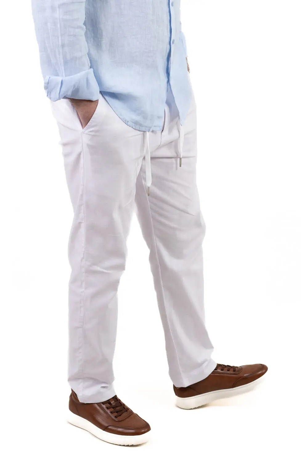 Barbati - Pantaloni albi regular fit bumbac de vară