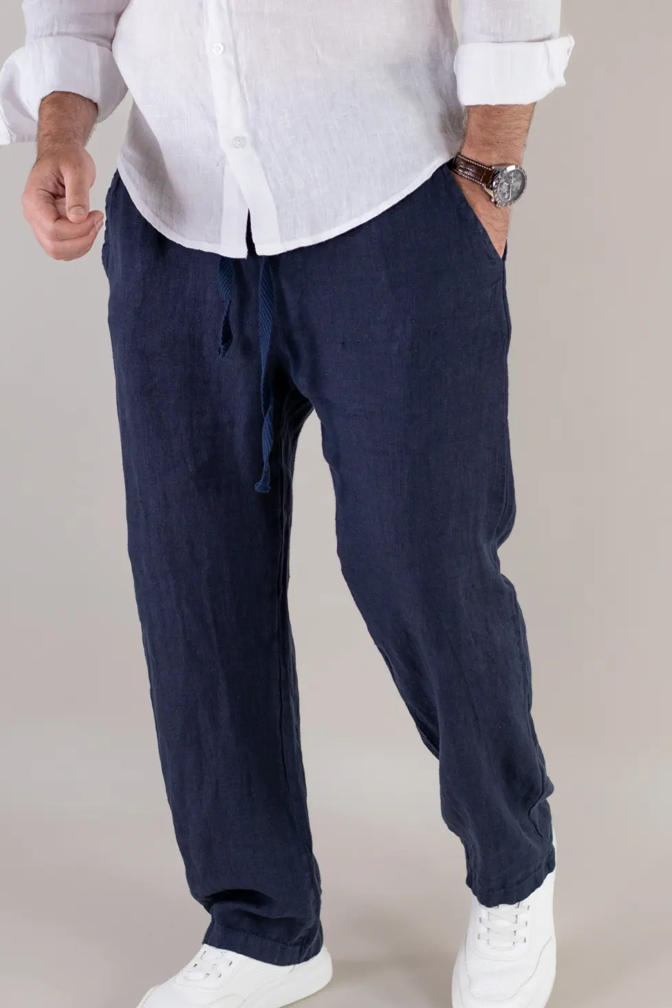 Pantaloni bleumarin din in 100% regular fit – Made in Italy [2]