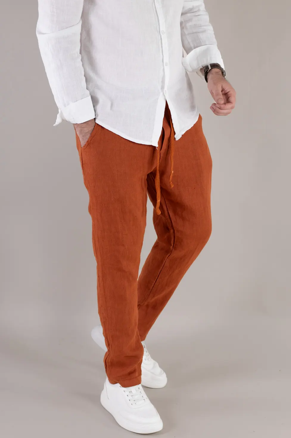 Pantaloni cărămizii din in 100% conici – Made in Italy [1]
