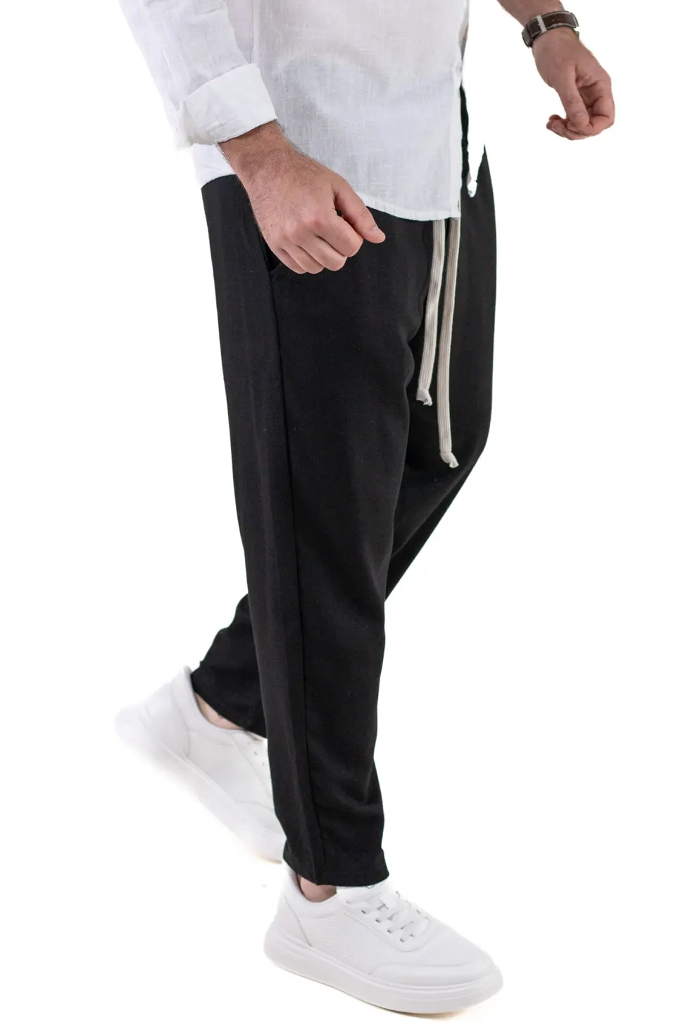 COLECTIA DIN IN - Pantaloni casual negri din in și viscoză pentru bărbați