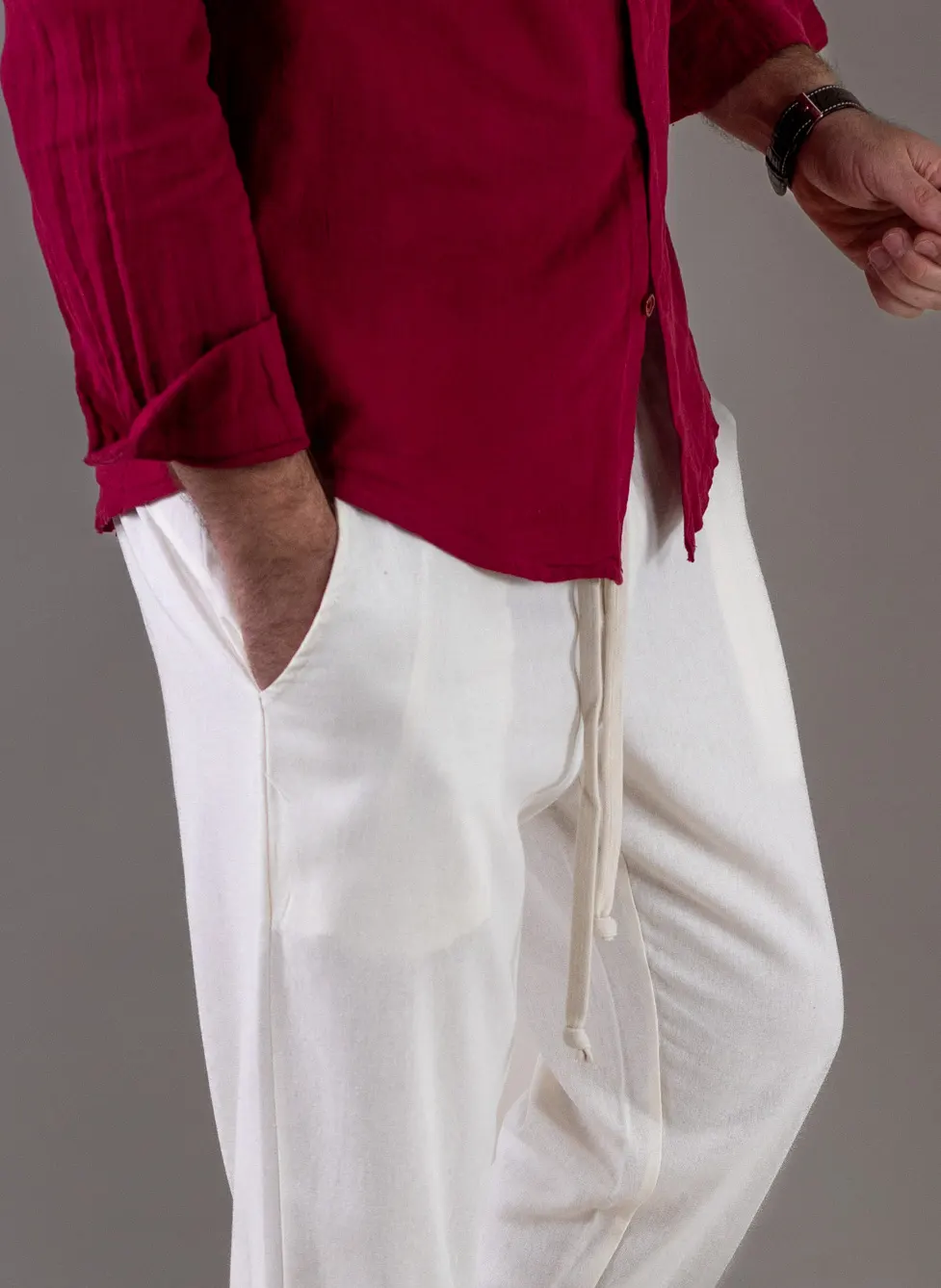Pantaloni casual albi din in și viscoză pentru bărbați [3]