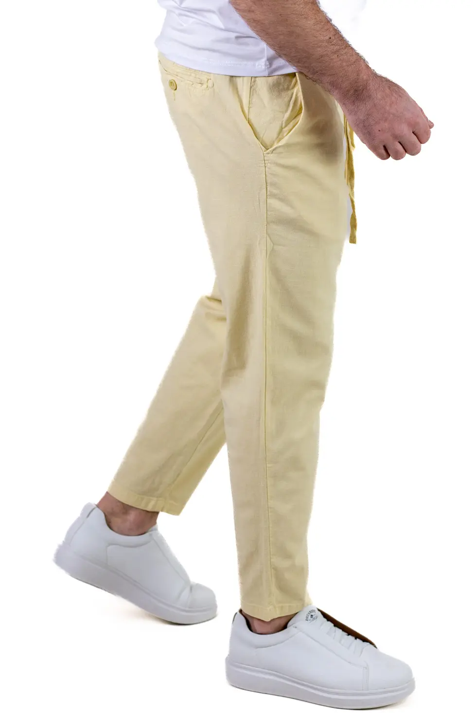 Pantaloni Vară Bărbați Chino, Bumbac 100%, Talie Elastică cu Șnur, lime. [1]