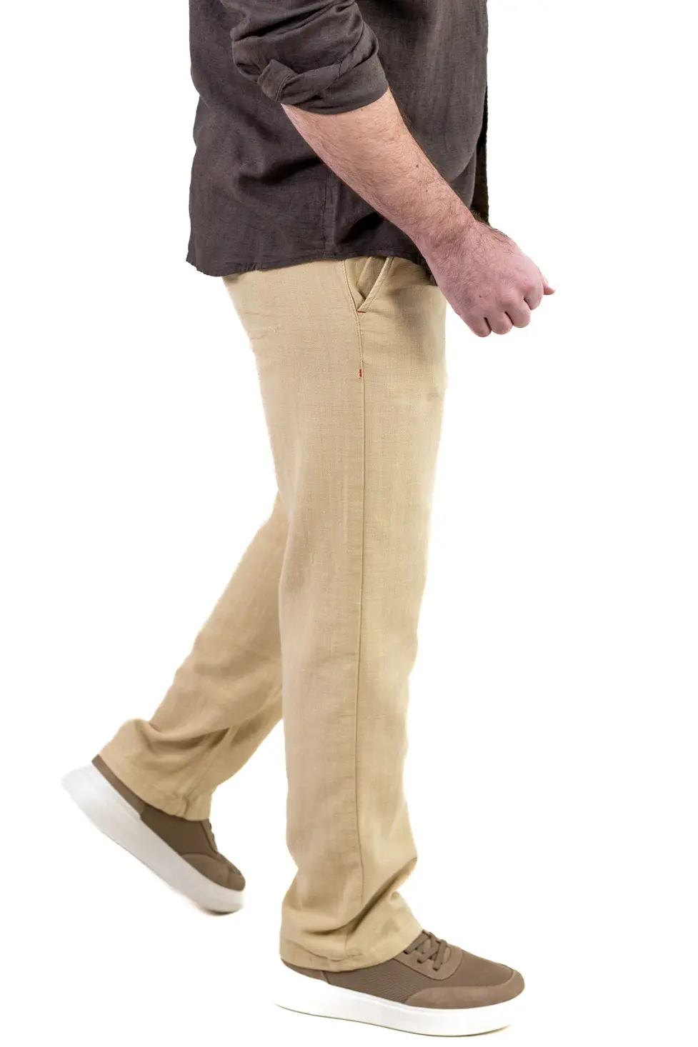 Barbati - Pantaloni Bărbați Vară Regular Fit, 100% Bumbac, Talie Elastică, Bej