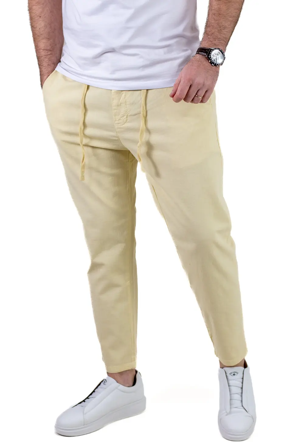PANTALONI - Pantaloni Vară Bărbați Chino, Bumbac 100%, Talie Elastică cu Șnur, lime.