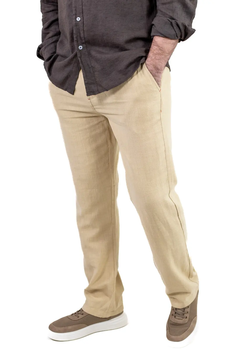 Pantaloni Bărbați Vară Regular Fit, 100% Bumbac, Talie Elastică, Bej [3]