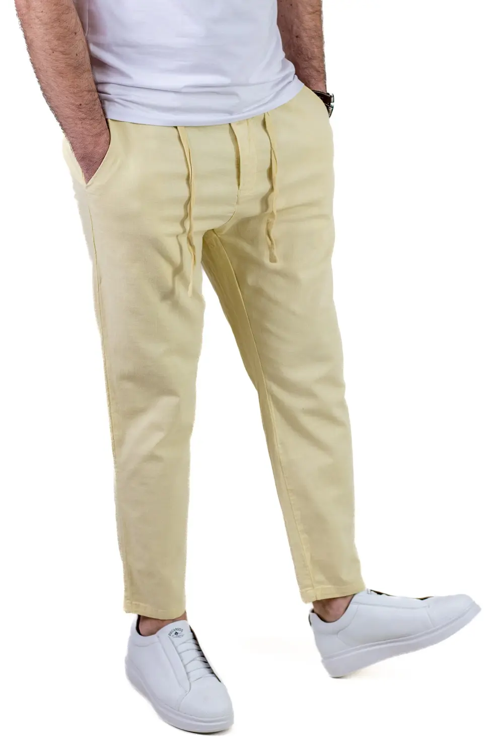 Pantaloni Vară Bărbați Chino, Bumbac 100%, Talie Elastică cu Șnur, lime. [2]