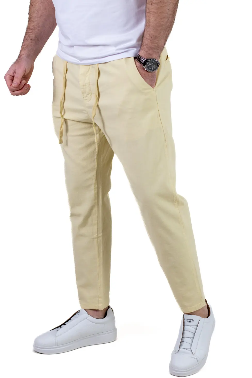 Pantaloni Vară Bărbați Chino, Bumbac 100%, Talie Elastică cu Șnur, lime. [3]