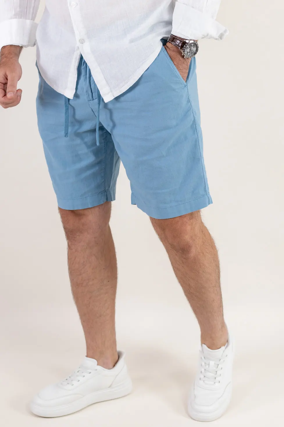 Barbati - Pantaloni scurți din in și bumbac – albastru deschis