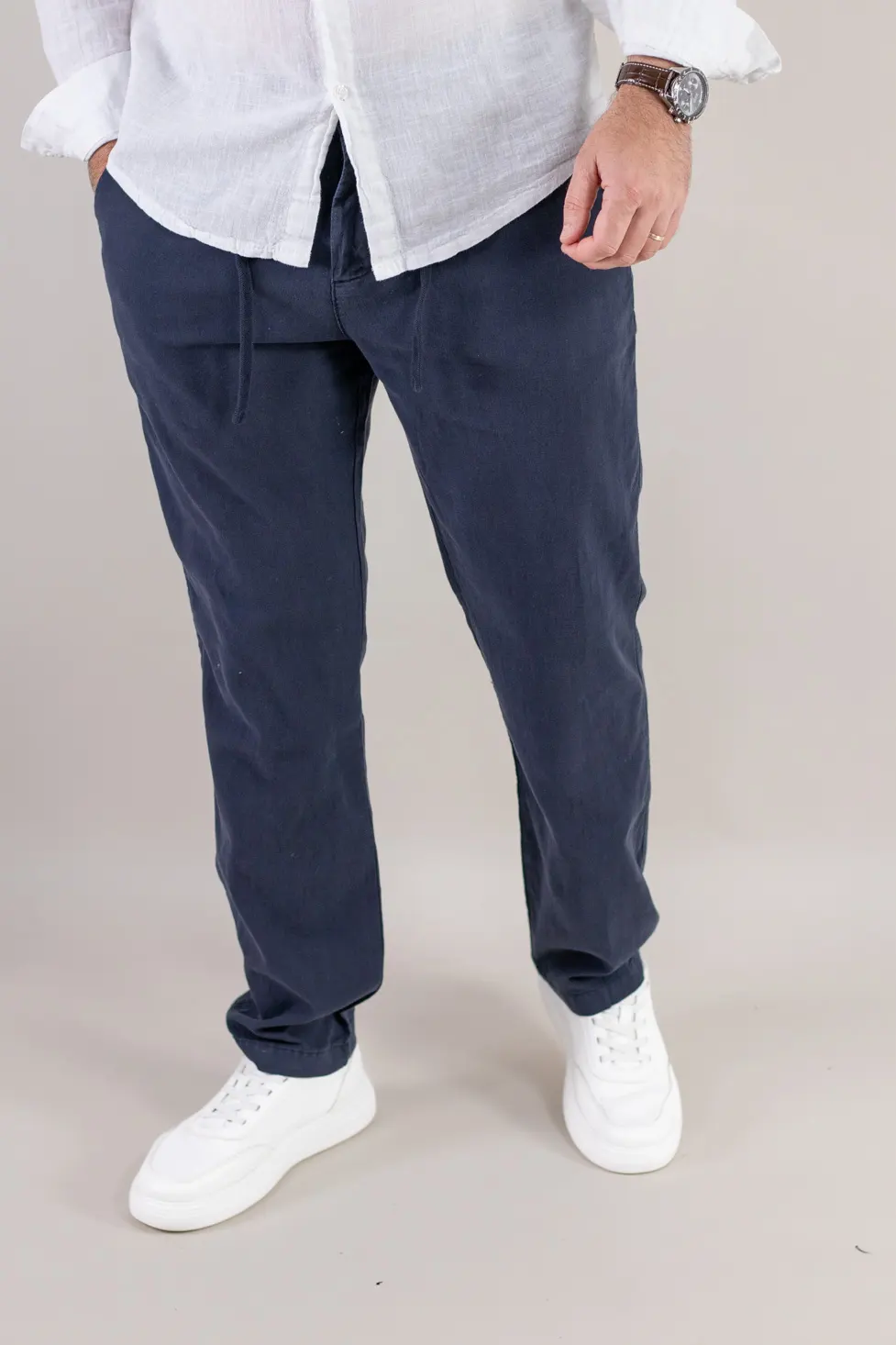 Noutati - Pantaloni din in și bumbac regular fit – bleumarin