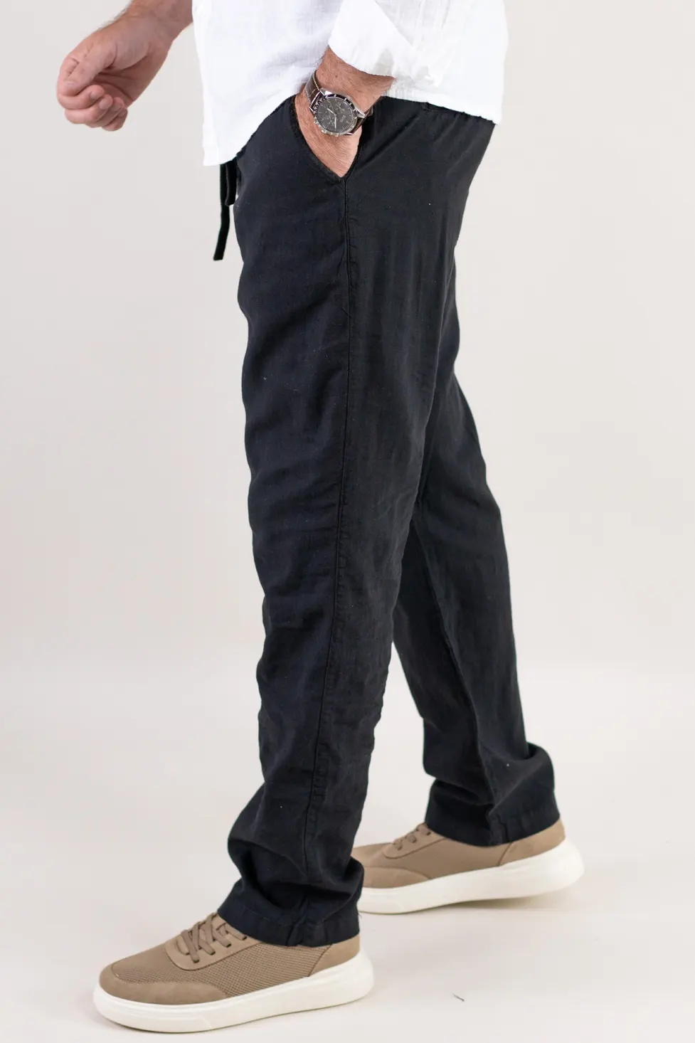 Pantaloni din in și bumbac regular fit – negri [4]