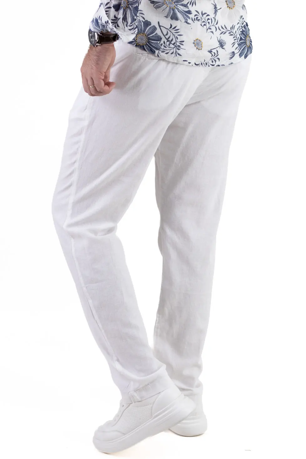 Pantaloni din in și bumbac regular fit –albi [4]