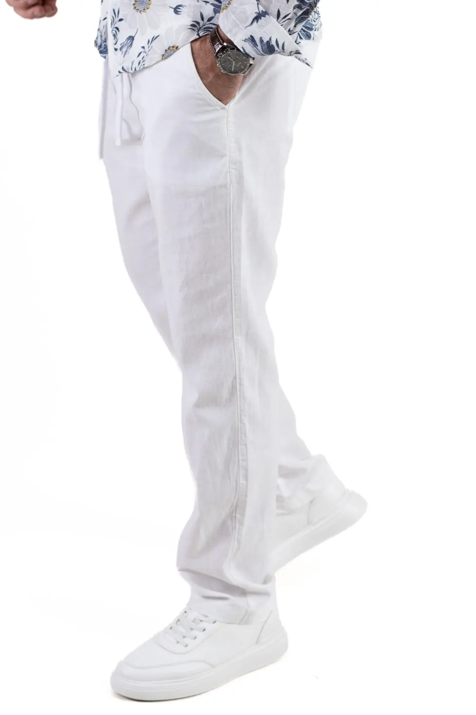 Pantaloni din in și bumbac regular fit –albi [2]