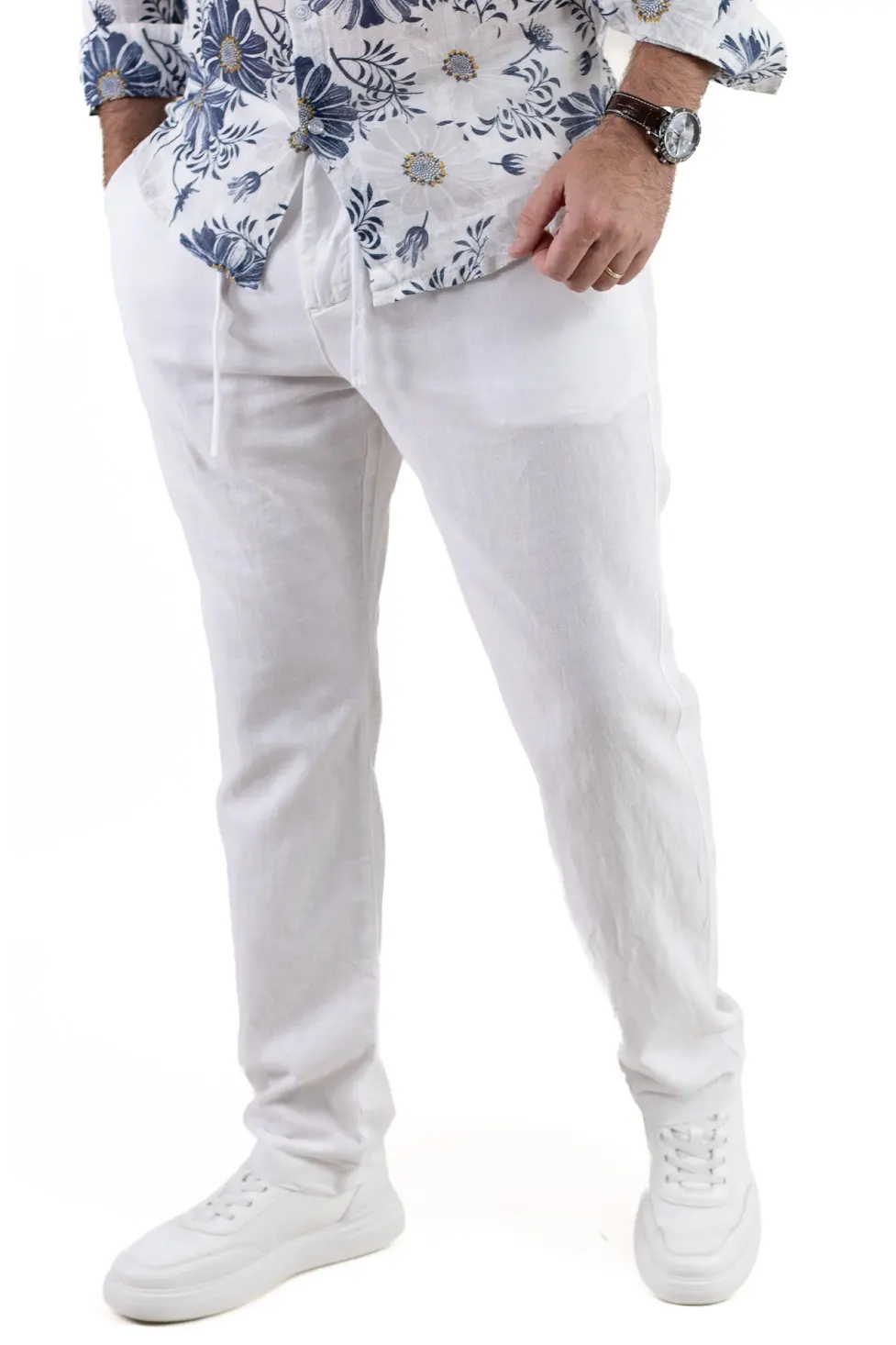 Noutati - Pantaloni din in și bumbac regular fit –albi