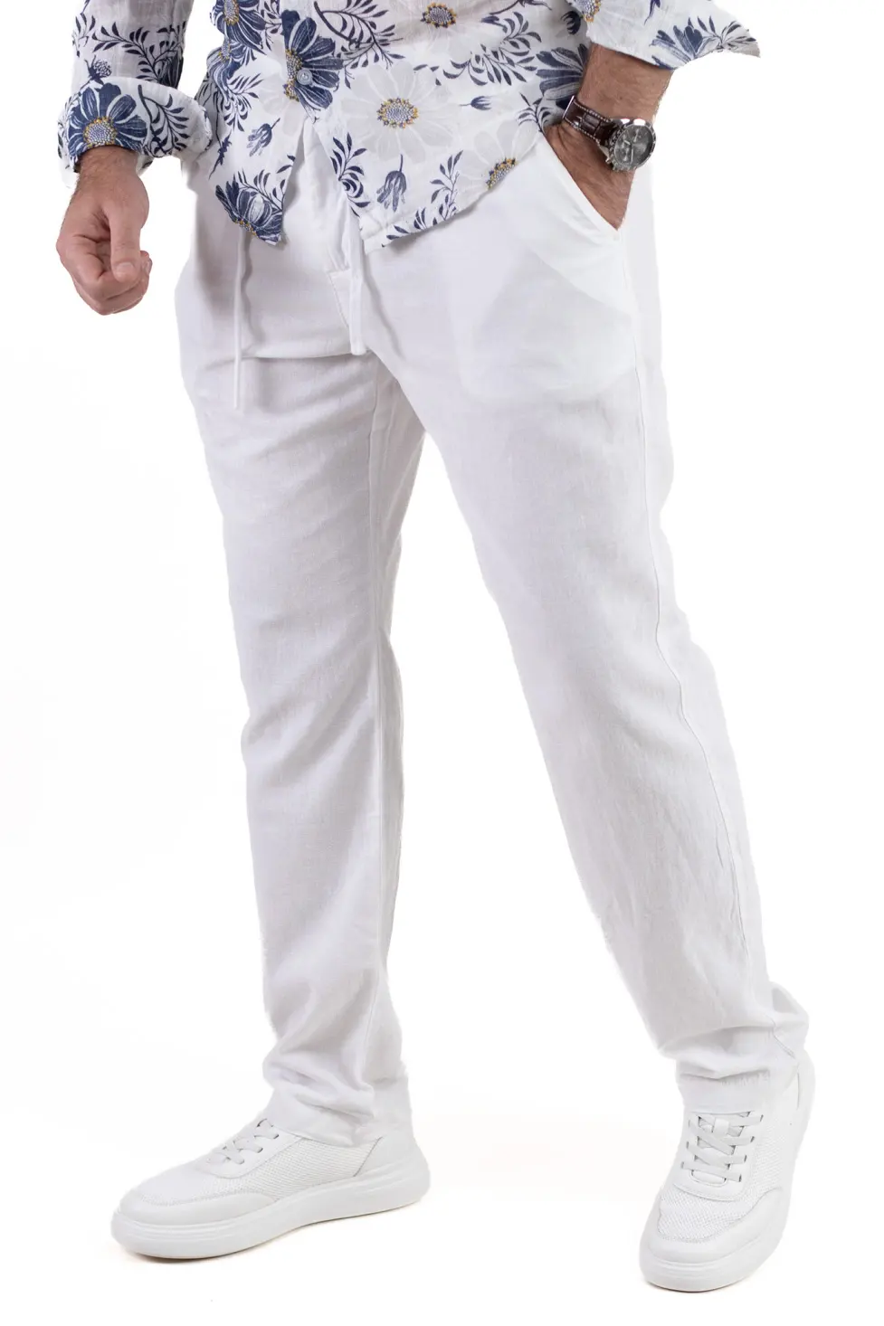 Pantaloni din in și bumbac regular fit –albi [5]