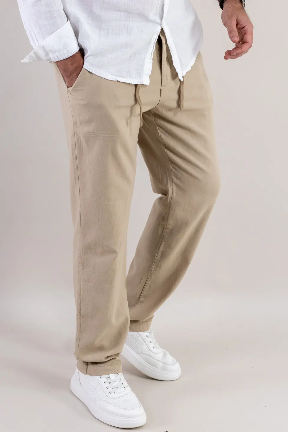 Pantaloni din in și bumbac regular fit – bej [1]