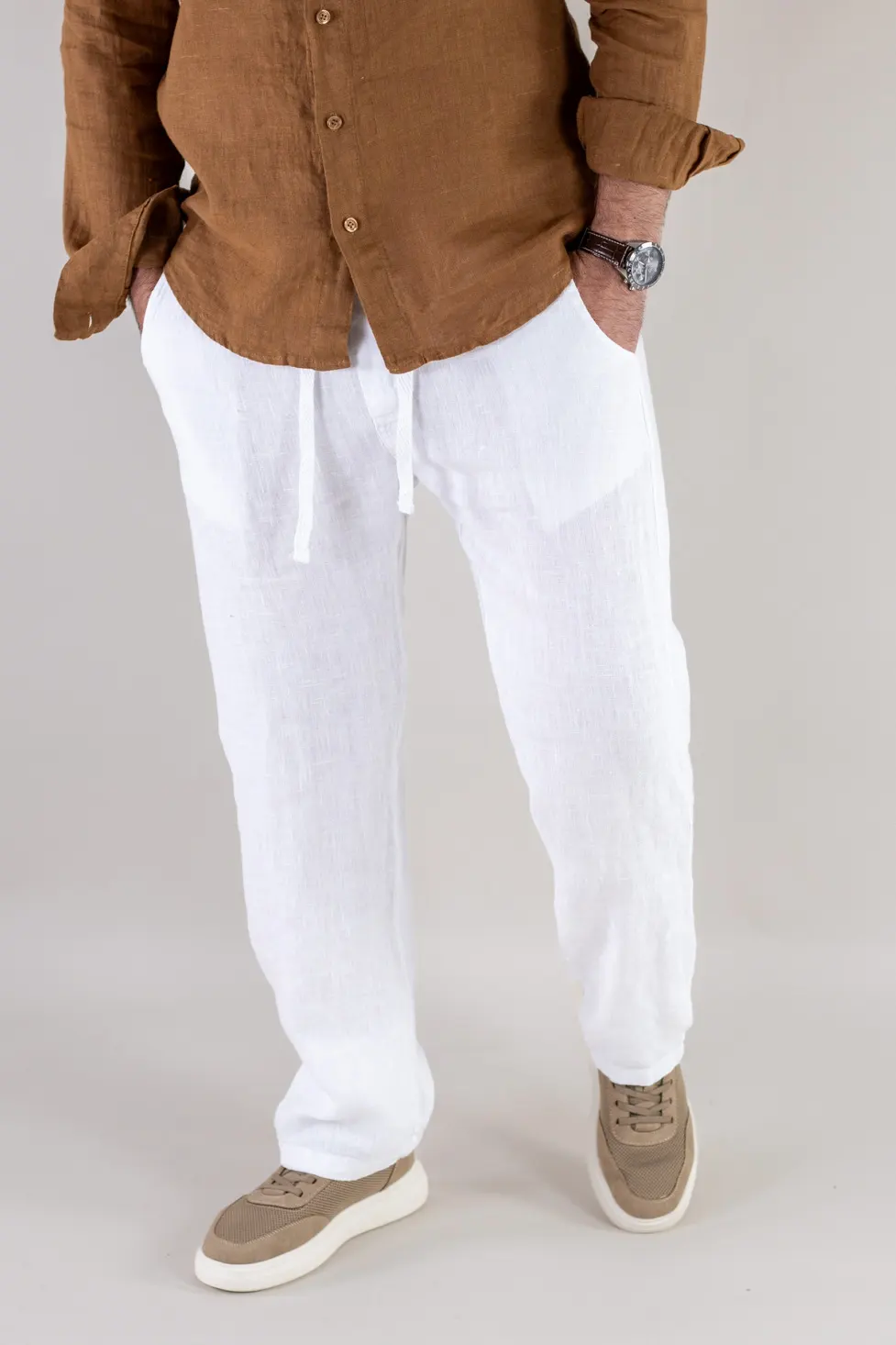 Pantaloni albi din in 100% regular fit – Made in Italy [4]