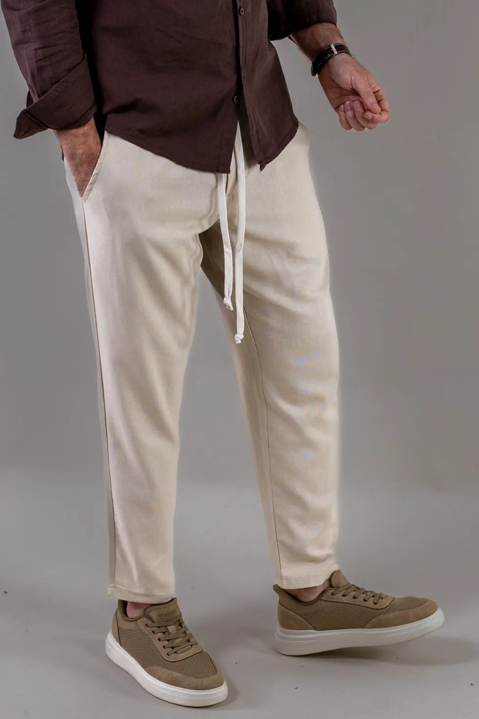 Pantaloni casual crem din in și viscoză pentru bărbați [1]