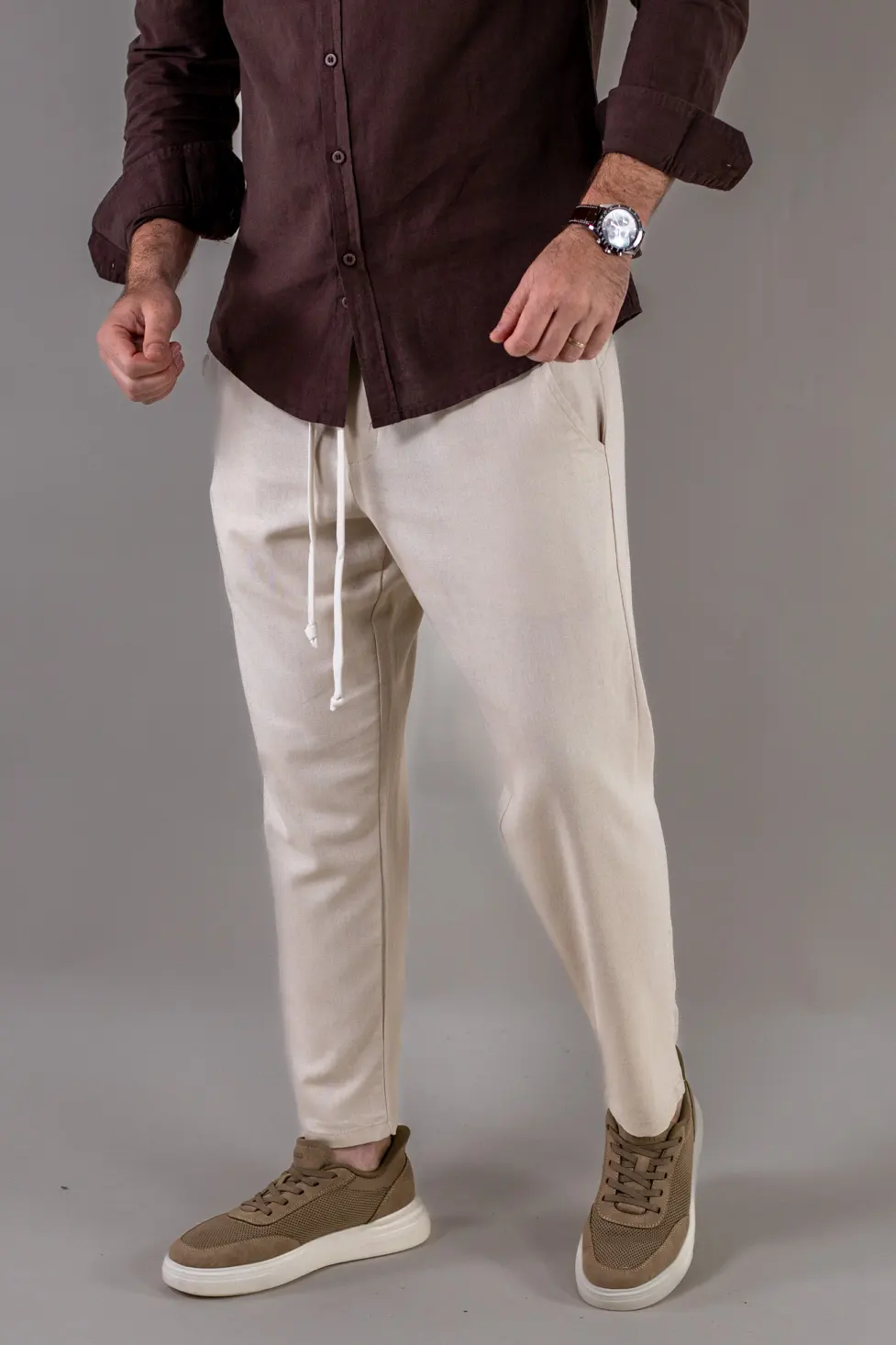 COLECTIA DIN IN - Pantaloni casual crem din in și viscoză pentru bărbați