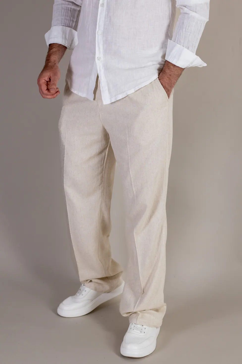Noutati - Pantaloni crem lejeri din in si vâscoză bărbați