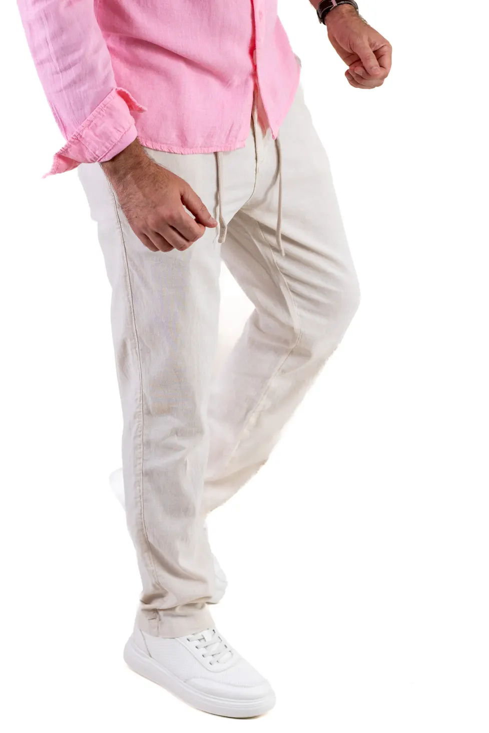 Pantaloni din in și bumbac regular fit – crem [1]