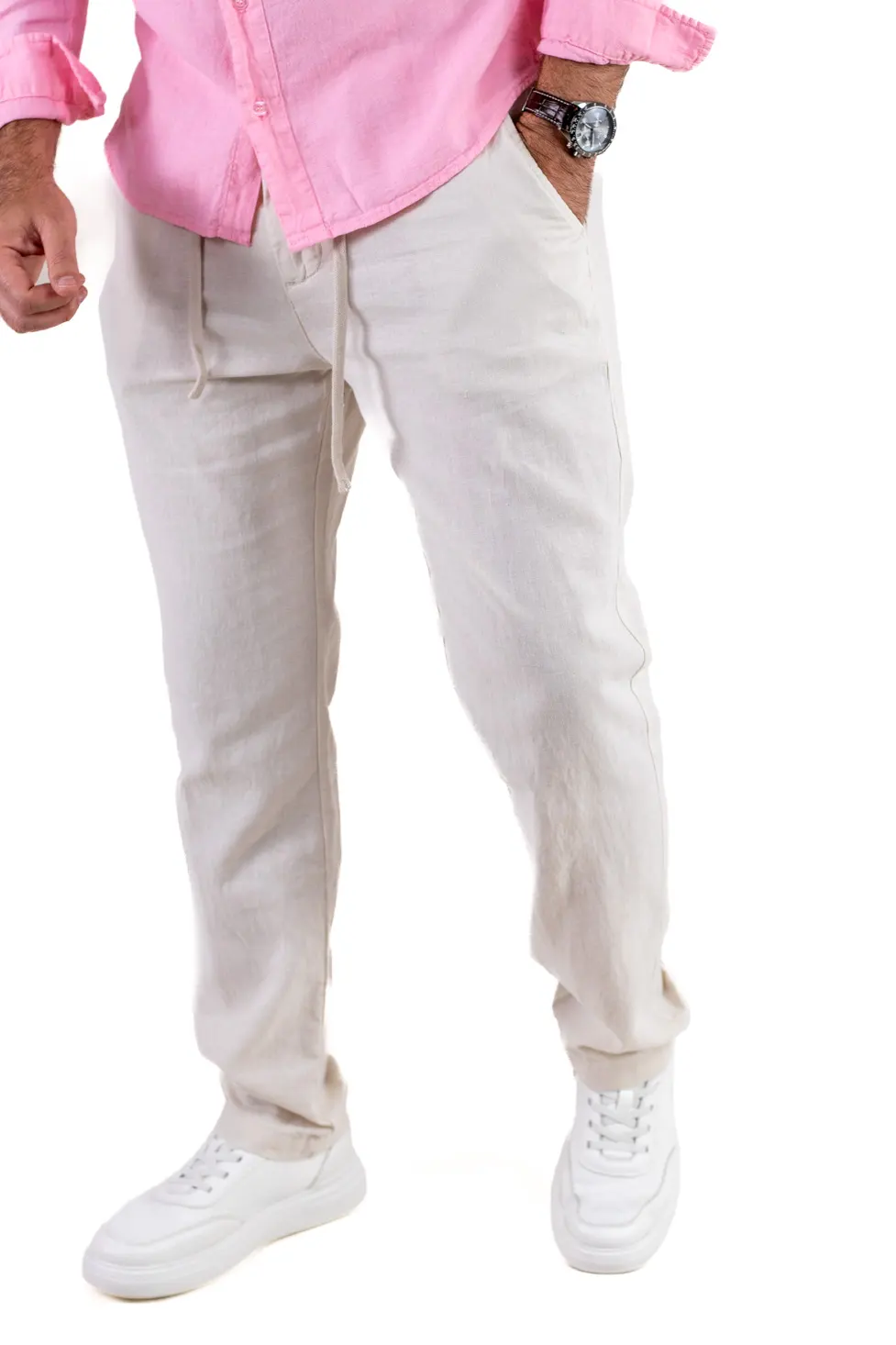 Promotii - Pantaloni din in și bumbac regular fit – crem