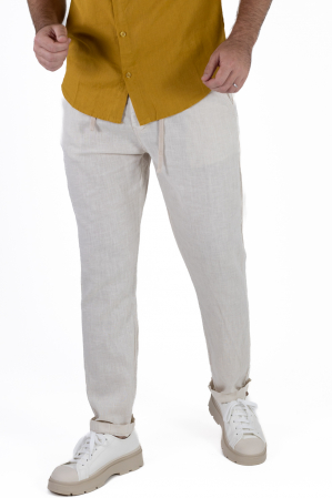 Pantaloni casual - Pantaloni lungi crem din in
