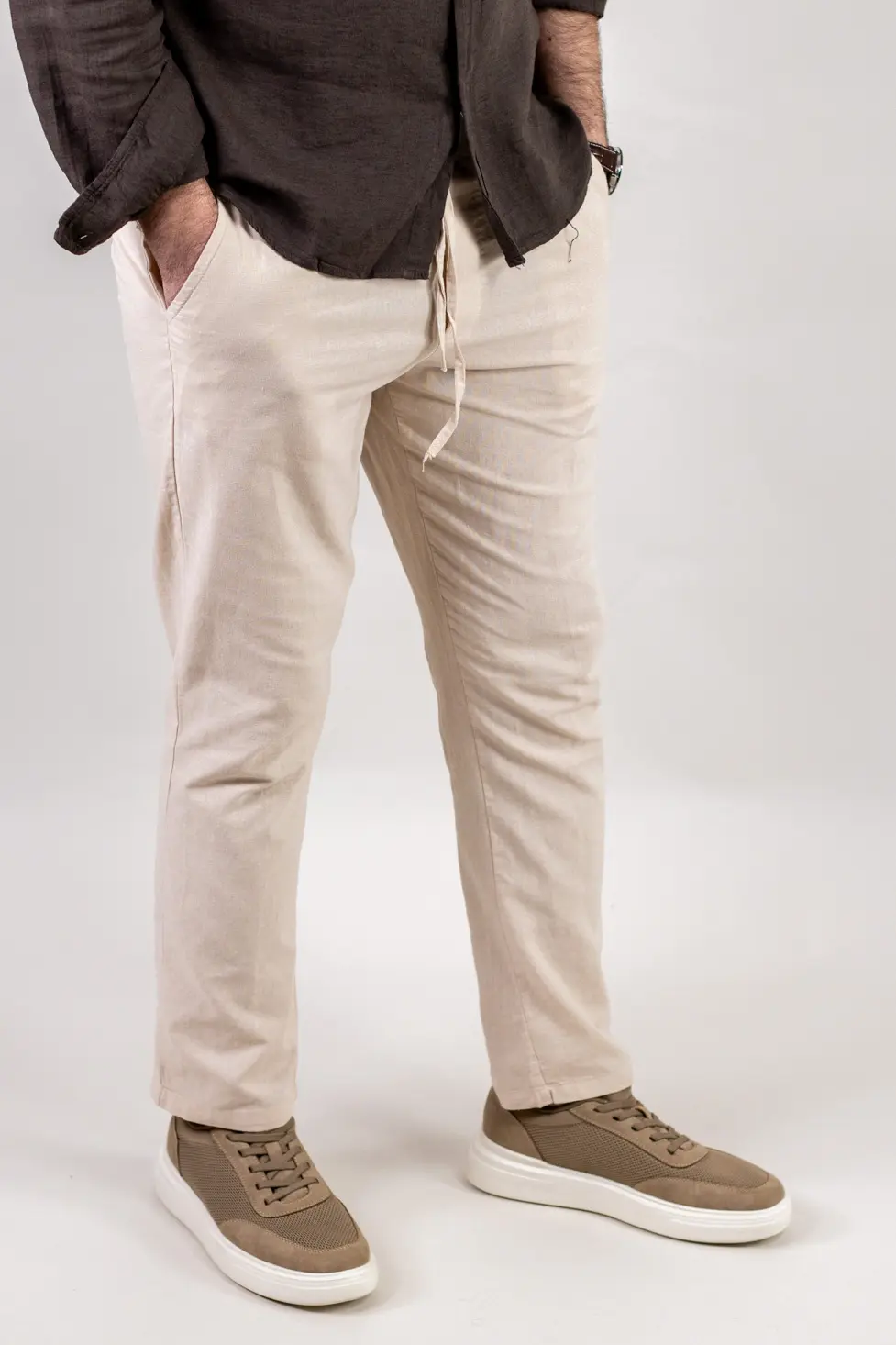 Pantaloni Bărbați In și Bumbac, Regular Fit, Talie Elastică cu Șnur, Bej/Cream, Colecția de Vară [2]