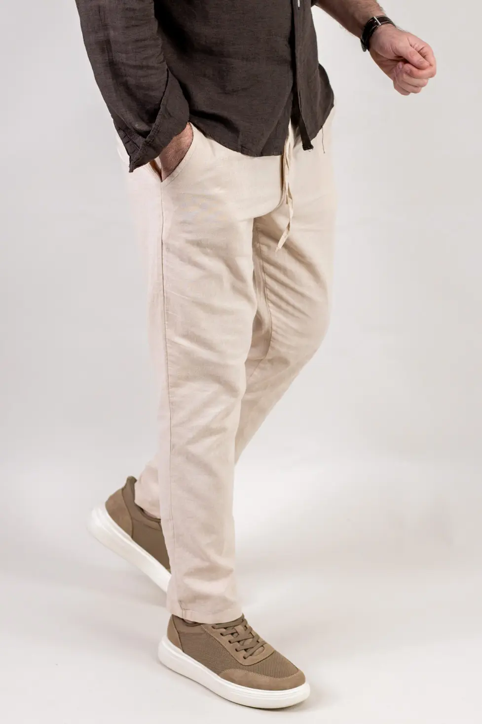 PANTALONI - Pantaloni Bărbați In și Bumbac, Regular Fit, Talie Elastică cu Șnur, Bej/Cream, Colecția de Vară