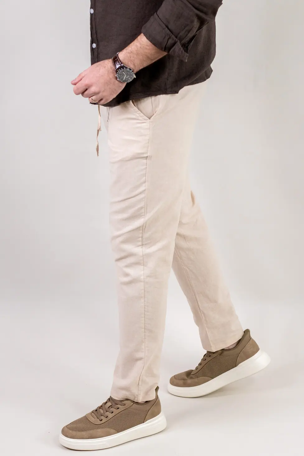 Pantaloni Bărbați In și Bumbac, Regular Fit, Talie Elastică cu Șnur, Bej/Cream, Colecția de Vară [3]