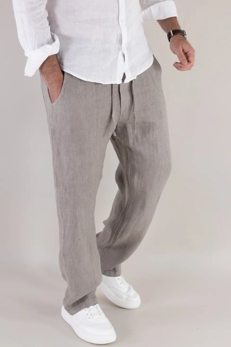 Pantaloni gri din in 100% regular fit – Made in Italy [8]