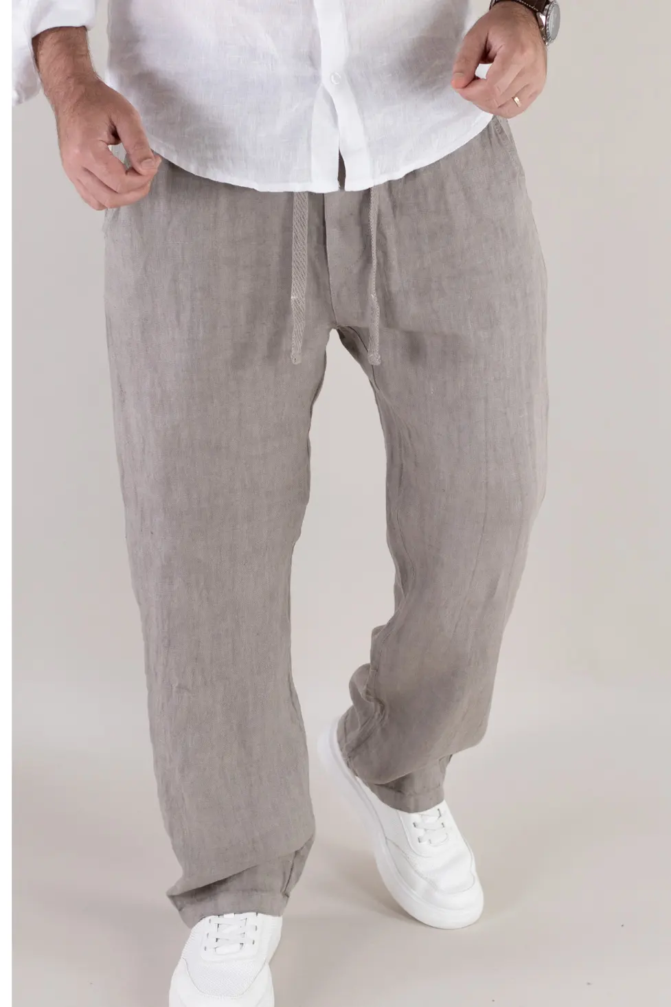 Pantaloni gri din in 100% regular fit – Made in Italy [5]