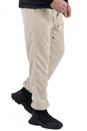 Pantaloni casual - Pantaloni crem din material reiat cu ajustare elastică la glezna