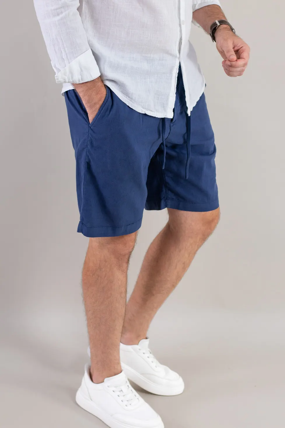 Barbati - Pantaloni scurți din in și bumbac – bleumarin