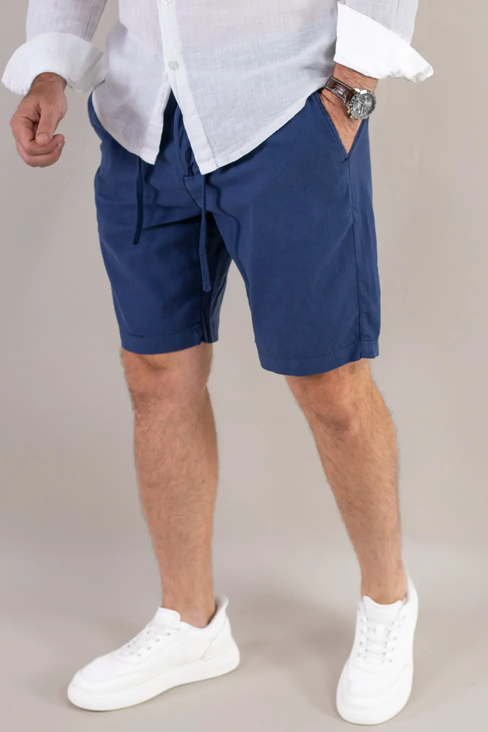Pantaloni scurți din in și bumbac – bleumarin [5]