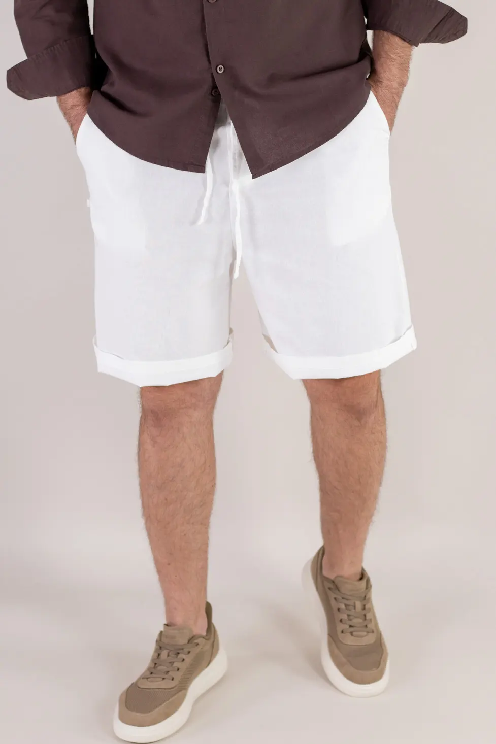 Pantaloni scurți din in și bumbac relaxed fit albi [5]